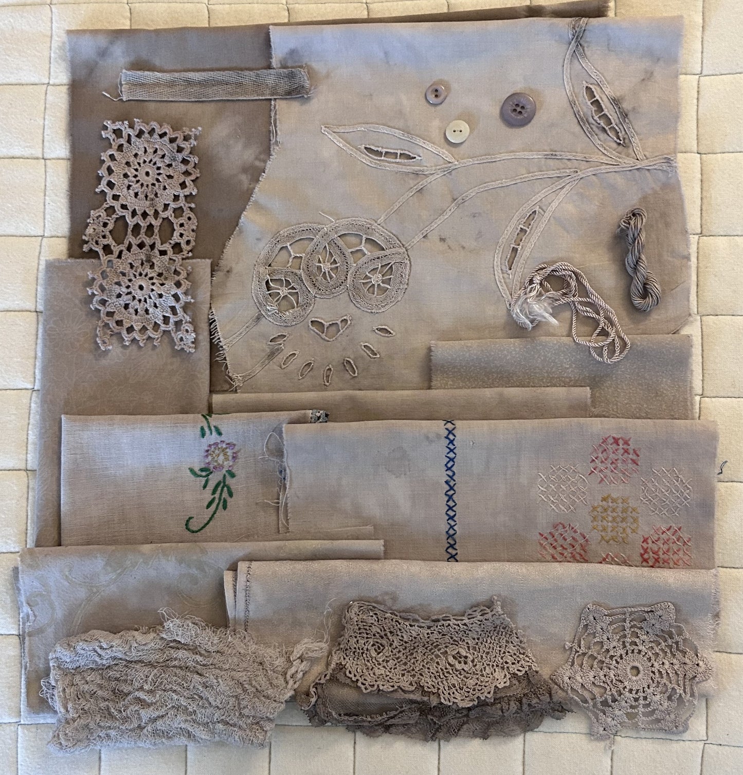 HIBISCUS #2 Darken with Iron Plant Dyed Bundle Which Includes Repurposed Cottons, Linen, Trims, Lace, and Thread for Slow Stitching Projects