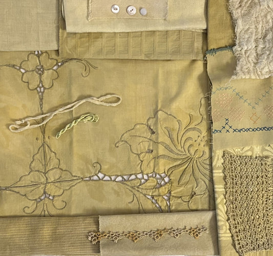 MARIGOLD #2 Plant Dyed Bundle Which Includes Repurposed Cottons, Linen, Trims, Lace, and Thread for Slow Stitching Projects
