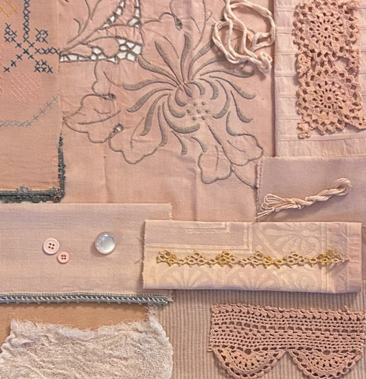 BURDOCK #2 Plant Dyed Bundle Which Includes Repurposed Cottons, Linen, Trims and Thread for Slow Stitching Projects