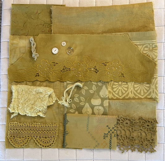MARIGOLD #1 Plant Dyed Bundle Which Includes Repurposed Cottons, Linen, Trims, Lace, and Thread for Slow Stitching Projects