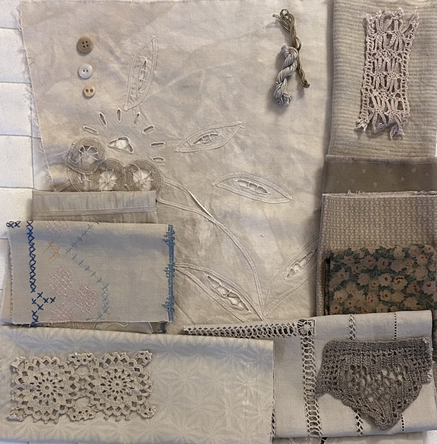 ELDER FLOWER with Iron Plant Dyed Bundle Which Includes Repurposed Cottons, Linen, Trims and Thread for Slow Stitching Projects