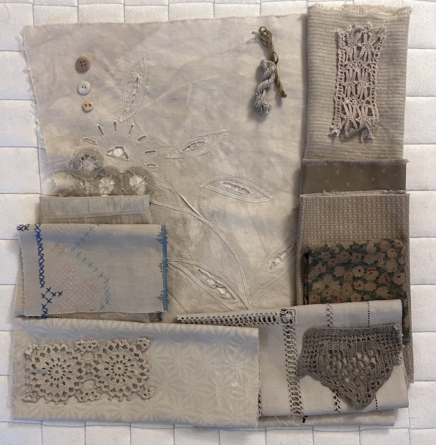 ELDER FLOWER with Iron Plant Dyed Bundle Which Includes Repurposed Cottons, Linen, Trims and Thread for Slow Stitching Projects