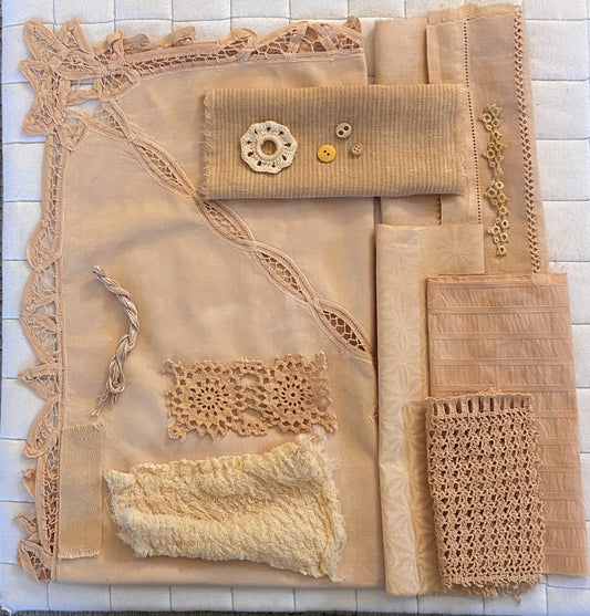 ONION Skins #1 Plant Dyed Bundle Which Includes Repurposed Cottons, Linen, Trims, Lace, and Thread for Slow Stitching Projects