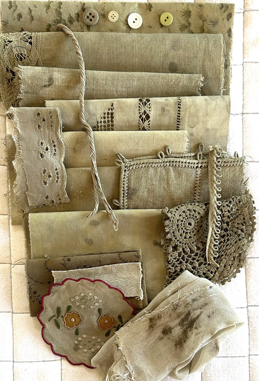 MARIGOLD #2 with Iron Plant Dyed Bundle Which Includes Repurposed Cottons, Linen, Trims and Thread for Slow Stitching Projects