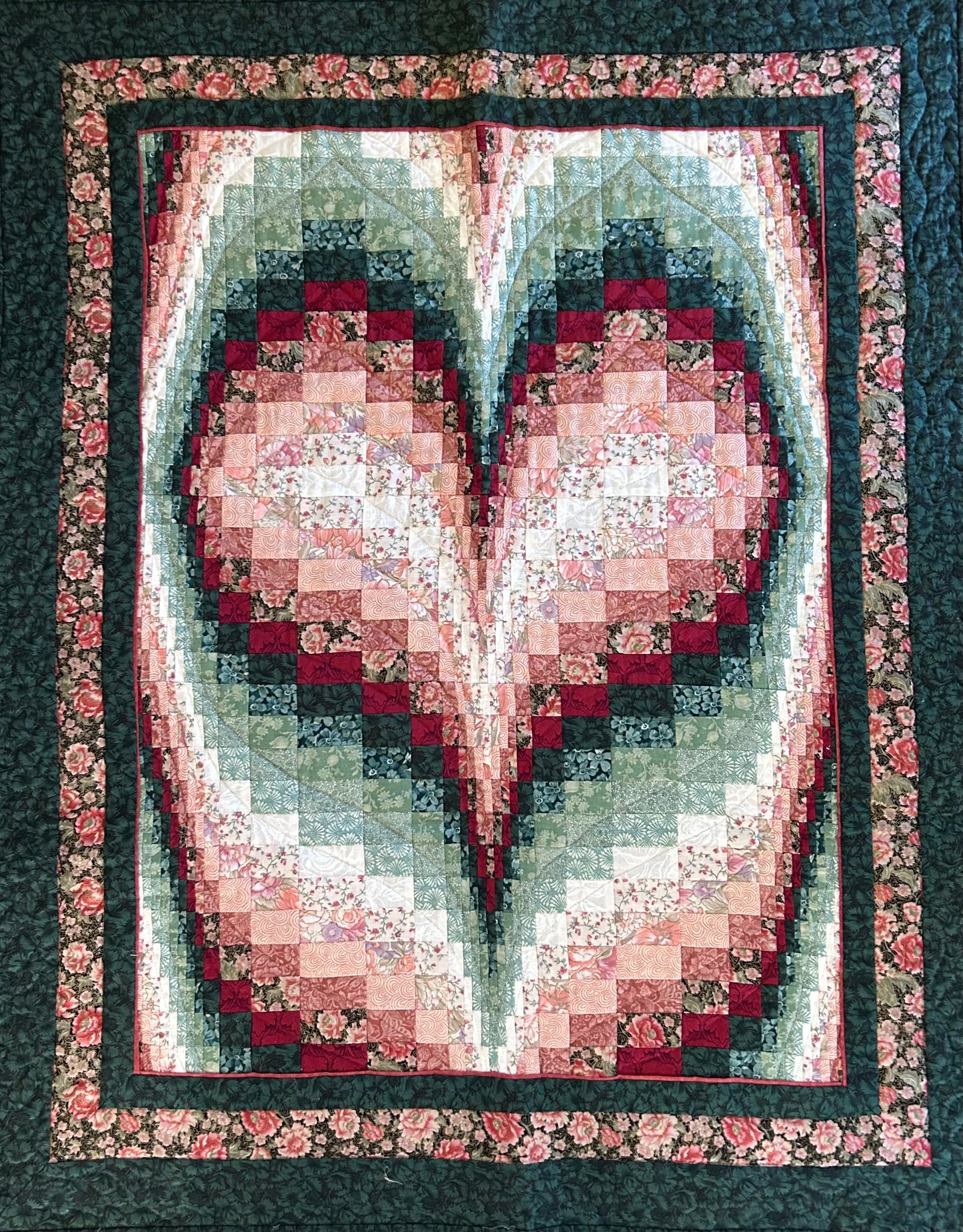 Heart Patchwork Quilt – Handmade in Green, Pink and Red Tones
