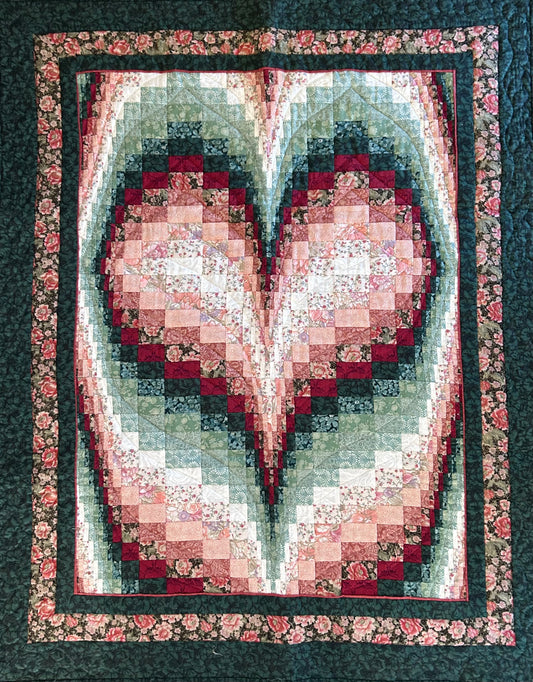Heart Patchwork Quilt – Handmade in Green, Pink and Red Tones