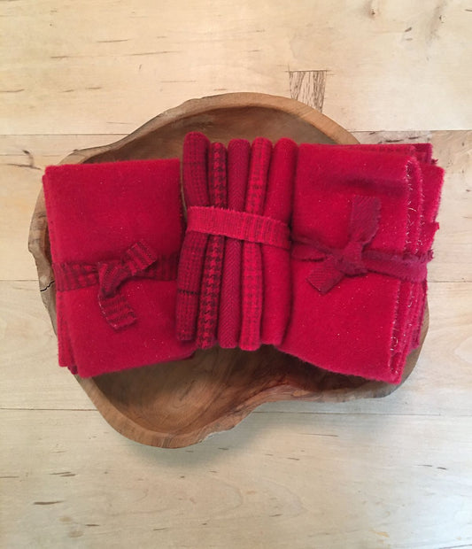 CHRISTMAS REDS Five Pack of Hand Dyed Wool Bundle for Rug Hooking & Applique Quilts