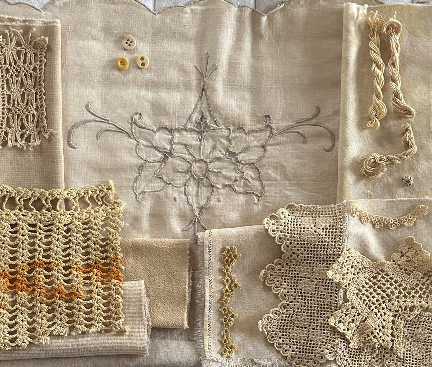 BURDOCK #2 Plant Dyed Bundle Which Includes Repurposed Cottons, Linen, Trims and Thread for Slow Stitching Projects