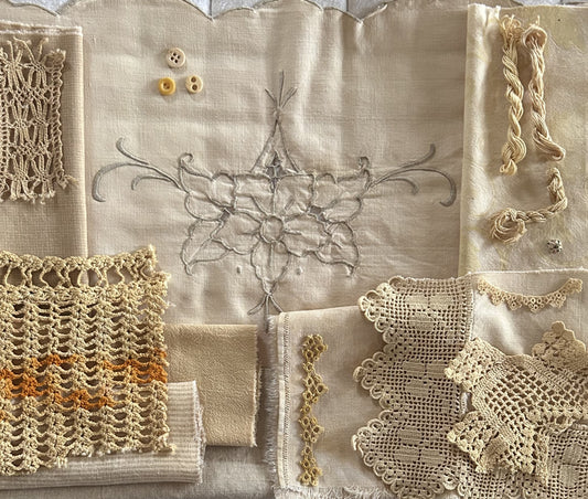 BURDOCK #2 Plant Dyed Bundle Which Includes Repurposed Cottons, Linen, Trims and Thread for Slow Stitching Projects