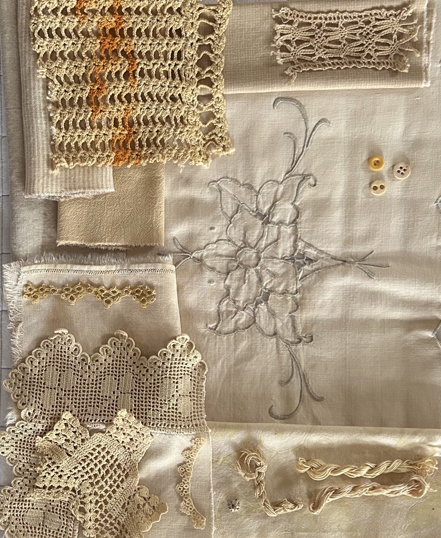 BURDOCK #2 Plant Dyed Bundle Which Includes Repurposed Cottons, Linen, Trims and Thread for Slow Stitching Projects