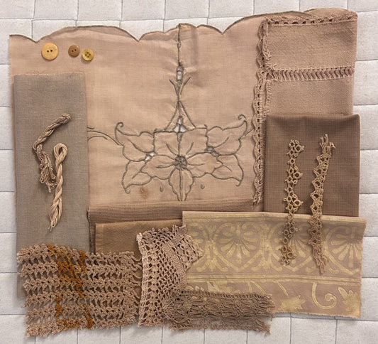 BURDOCK #1 Plant Dyed Bundle Which Includes Repurposed Cottons, Linen, Trims and Thread for Slow Stitching Projects