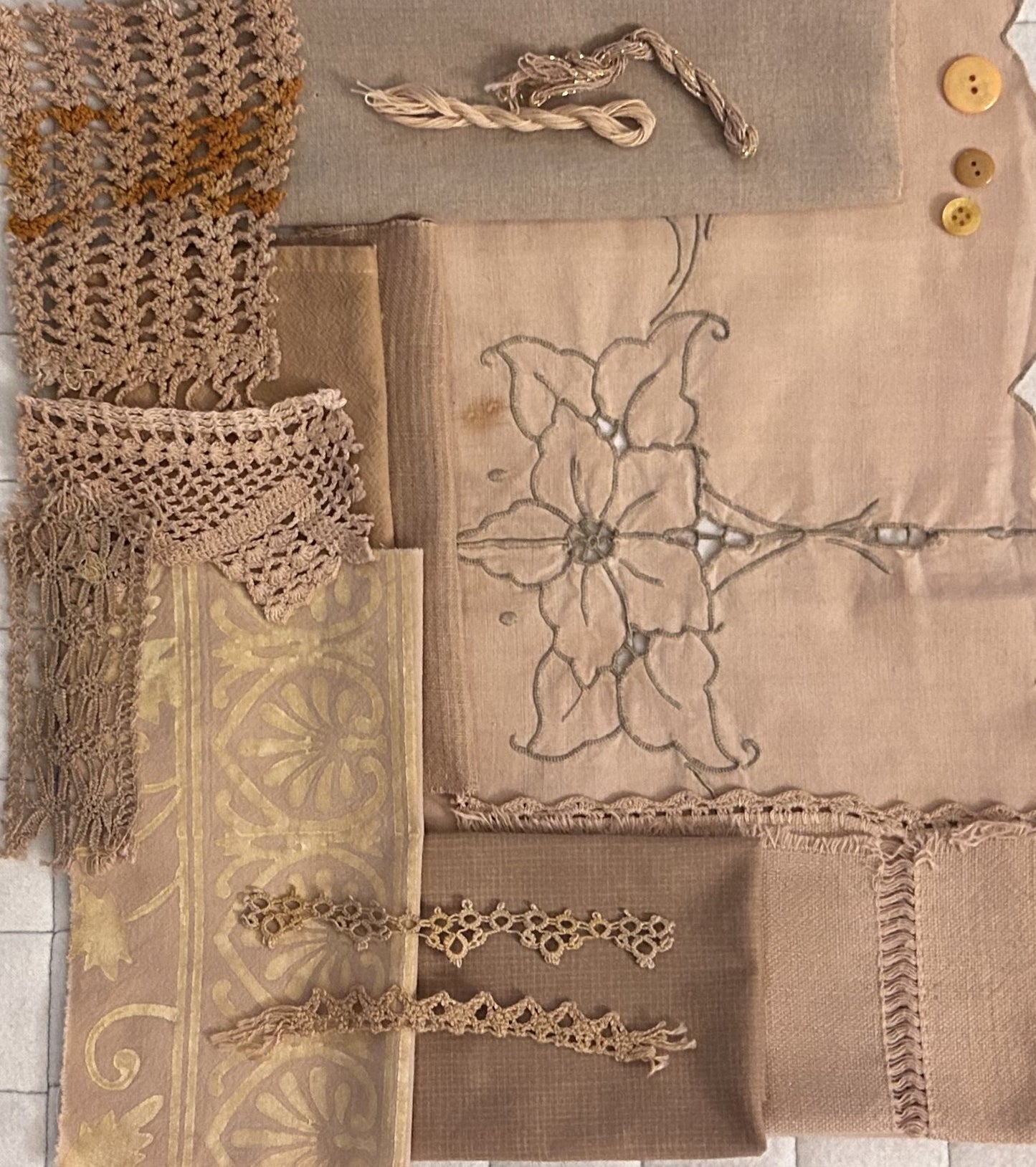 BURDOCK #1 Plant Dyed Bundle Which Includes Repurposed Cottons, Linen, Trims and Thread for Slow Stitching Projects