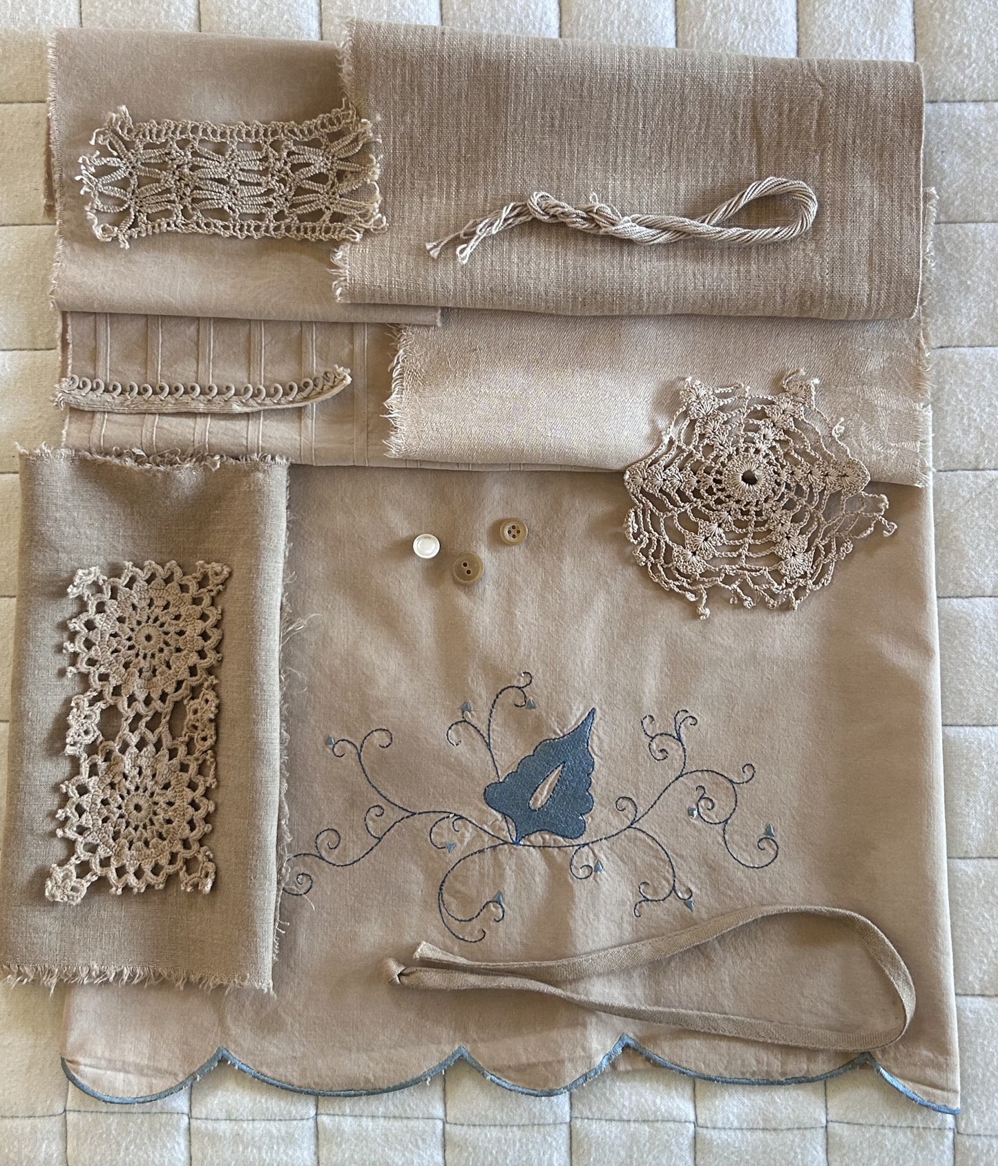 BLACK TEA and Onion Skins Plant Dyed Bundle Which Includes Repurposed Cottons, Linen, Trims and Thread for Slow Stitching Projects