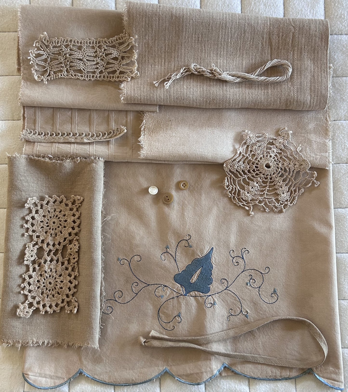 BLACK TEA and Onion Skins Plant Dyed Bundle Which Includes Repurposed Cottons, Linen, Trims and Thread for Slow Stitching Projects