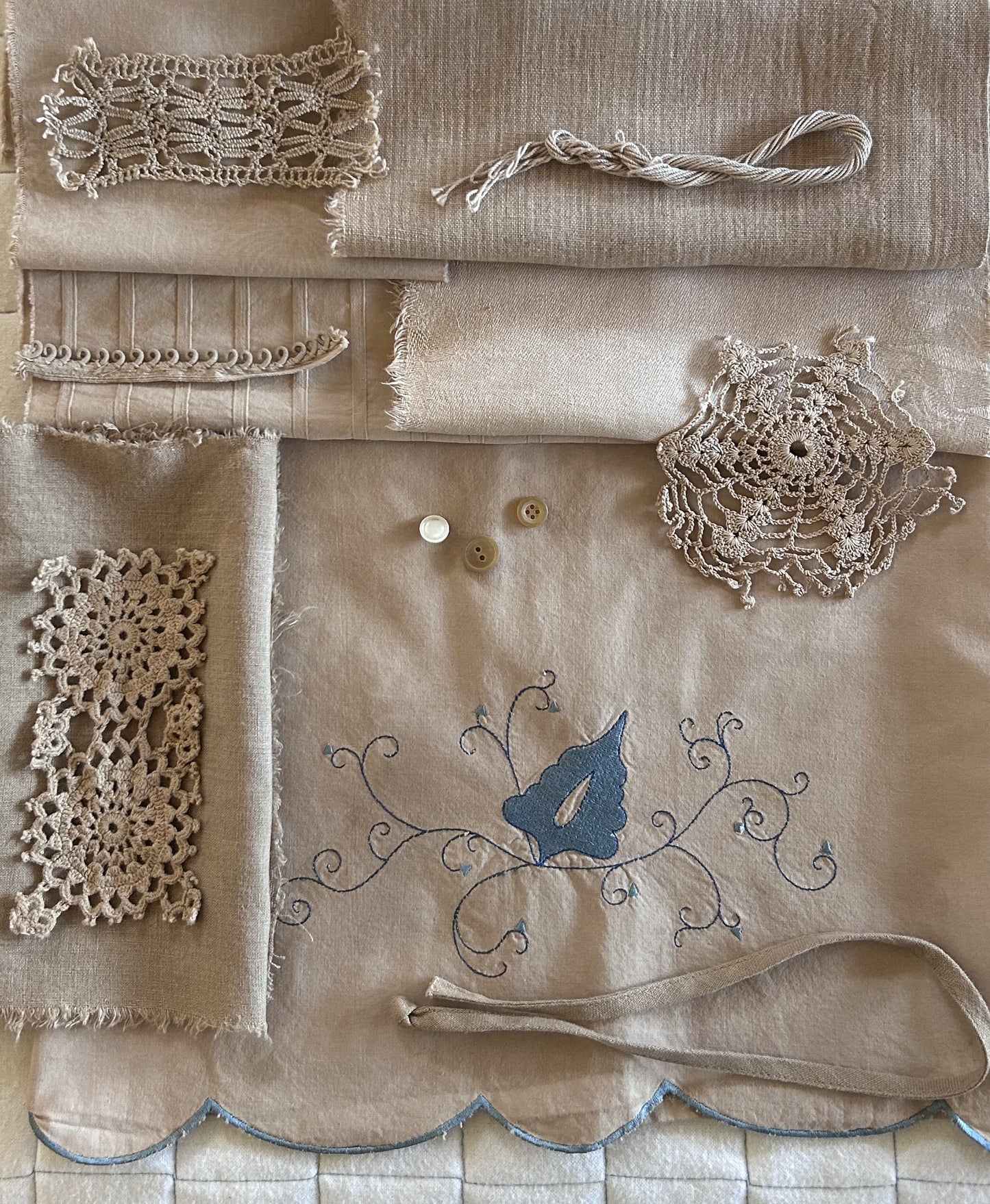 BLACK TEA and Onion Skins Plant Dyed Bundle Which Includes Repurposed Cottons, Linen, Trims and Thread for Slow Stitching Projects