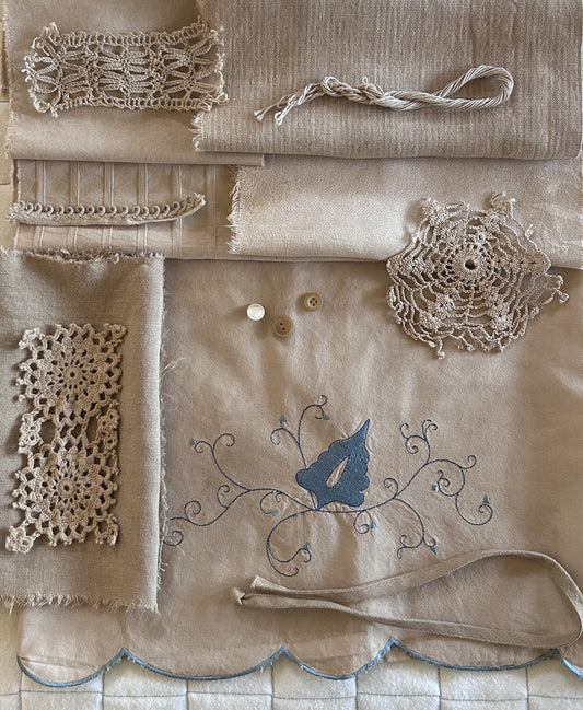 BLACK TEA and Onion Skins Plant Dyed Bundle Which Includes Repurposed Cottons, Linen, Trims and Thread for Slow Stitching Projects