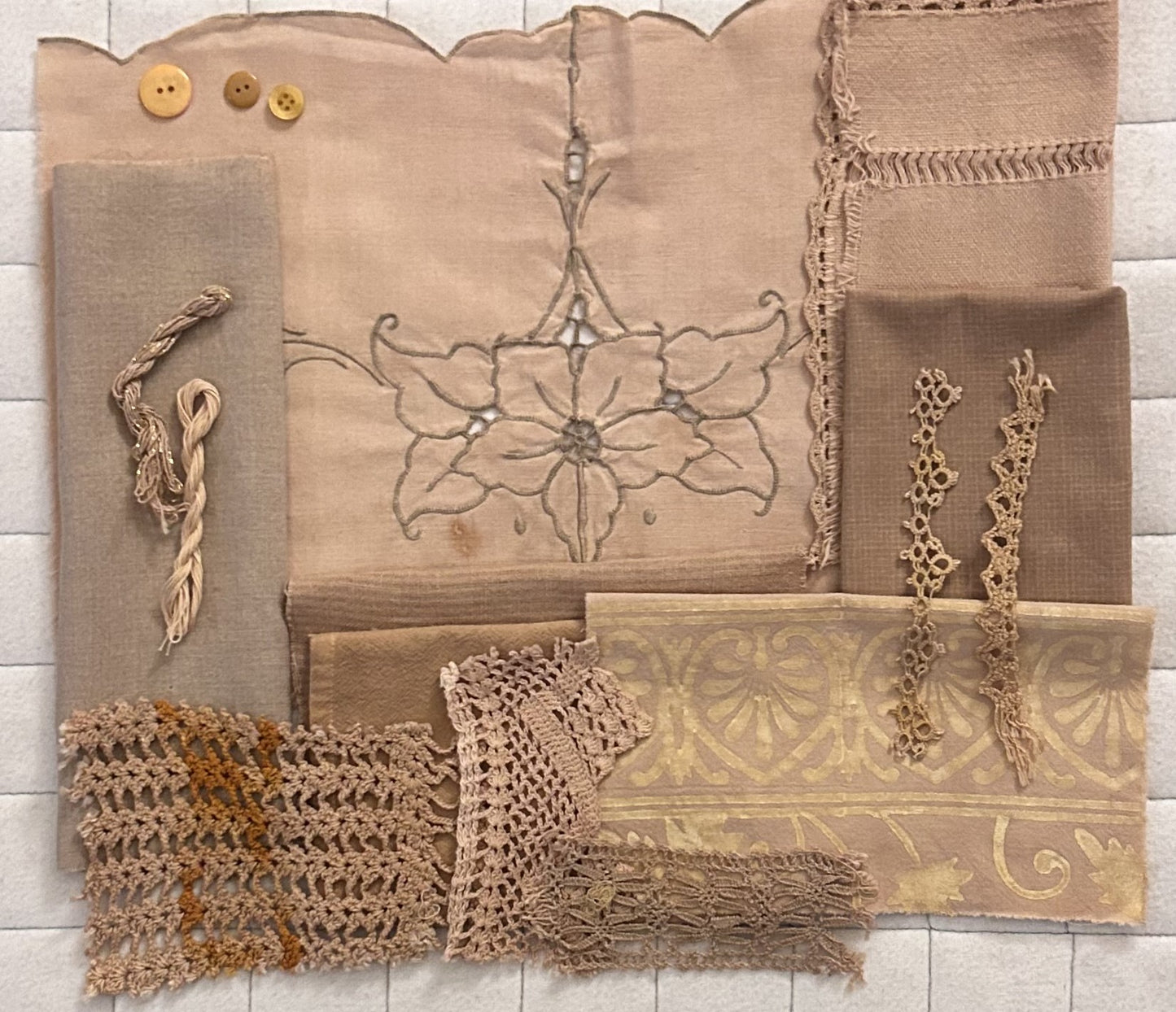 BURDOCK #1 Plant Dyed Bundle Which Includes Repurposed Cottons, Linen, Trims and Thread for Slow Stitching Projects