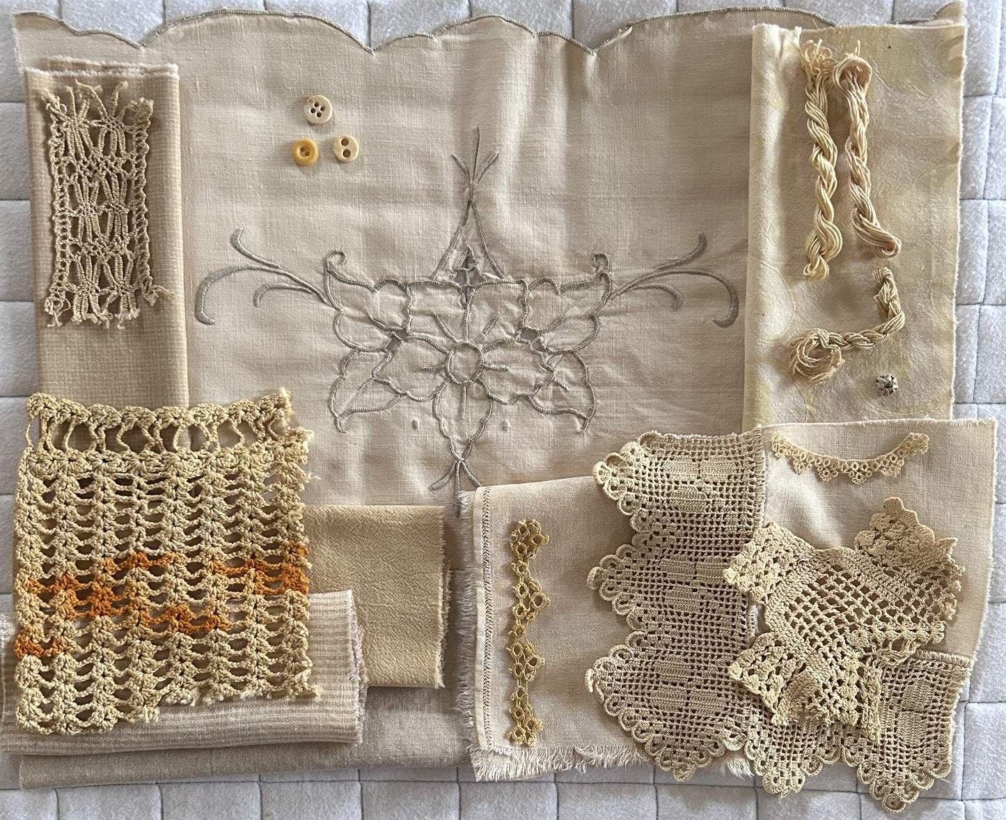 BURDOCK #2 Plant Dyed Bundle Which Includes Repurposed Cottons, Linen, Trims and Thread for Slow Stitching Projects