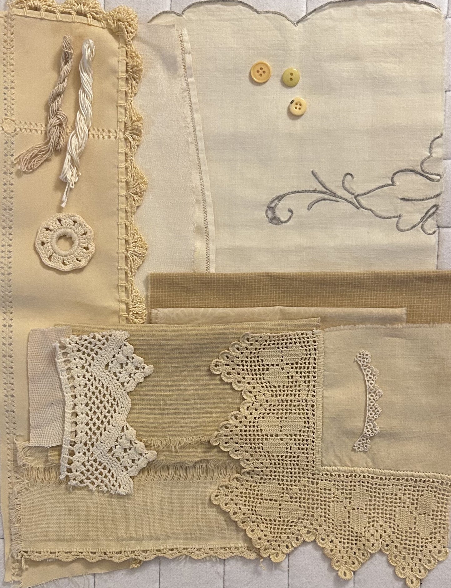 CHAMOMILE Plant Dyed Bundle with Repurposed Cottons, Linen, Trims,and Threads for Slow Stitching and Fabric Collage Projects