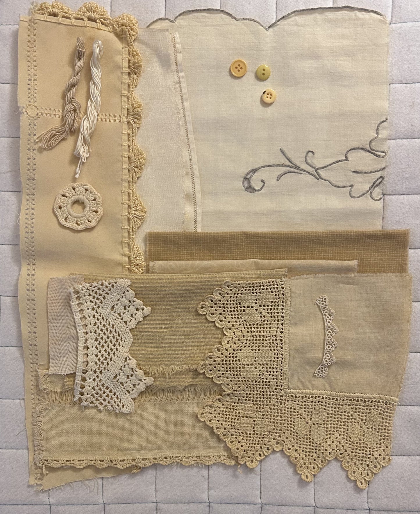 CHAMOMILE Plant Dyed Bundle with Repurposed Cottons, Linen, Trims,and Threads for Slow Stitching and Fabric Collage Projects