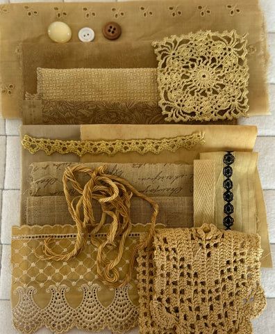 TURMERIC with IRON Plant Dyed Bundle Which Includes Repurposed Cottons, Linen, Trims, Lace, and Thread for Slow Stitching Projects