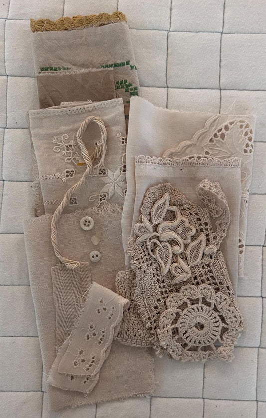 MARJORAM and MARIGOLDS Plant Dyed Bundle Which Includes Repurposed Cottons, Linen, Trims, Lace, and Thread for Slow Stitching Projects