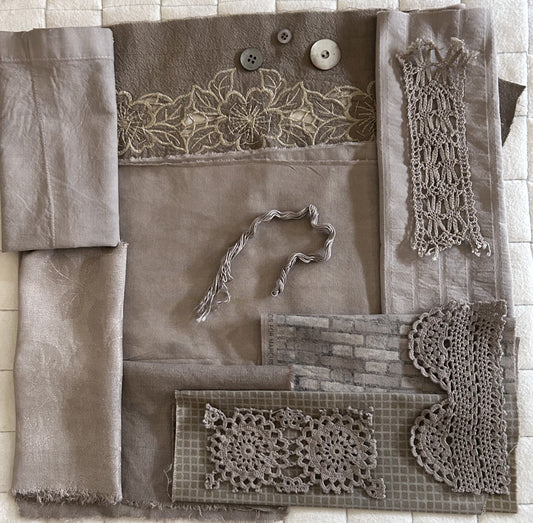 BLACK TEA and Onion Skins and Iron Plant Dyed Bundle Which Includes Repurposed Cottons, Linen, Trims and Thread for Slow Stitching Projects